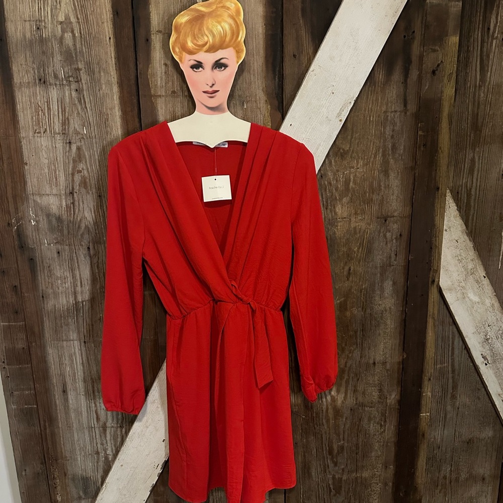 NWT Red wrap dress. Mini length, kimono style with sewn-in tie.